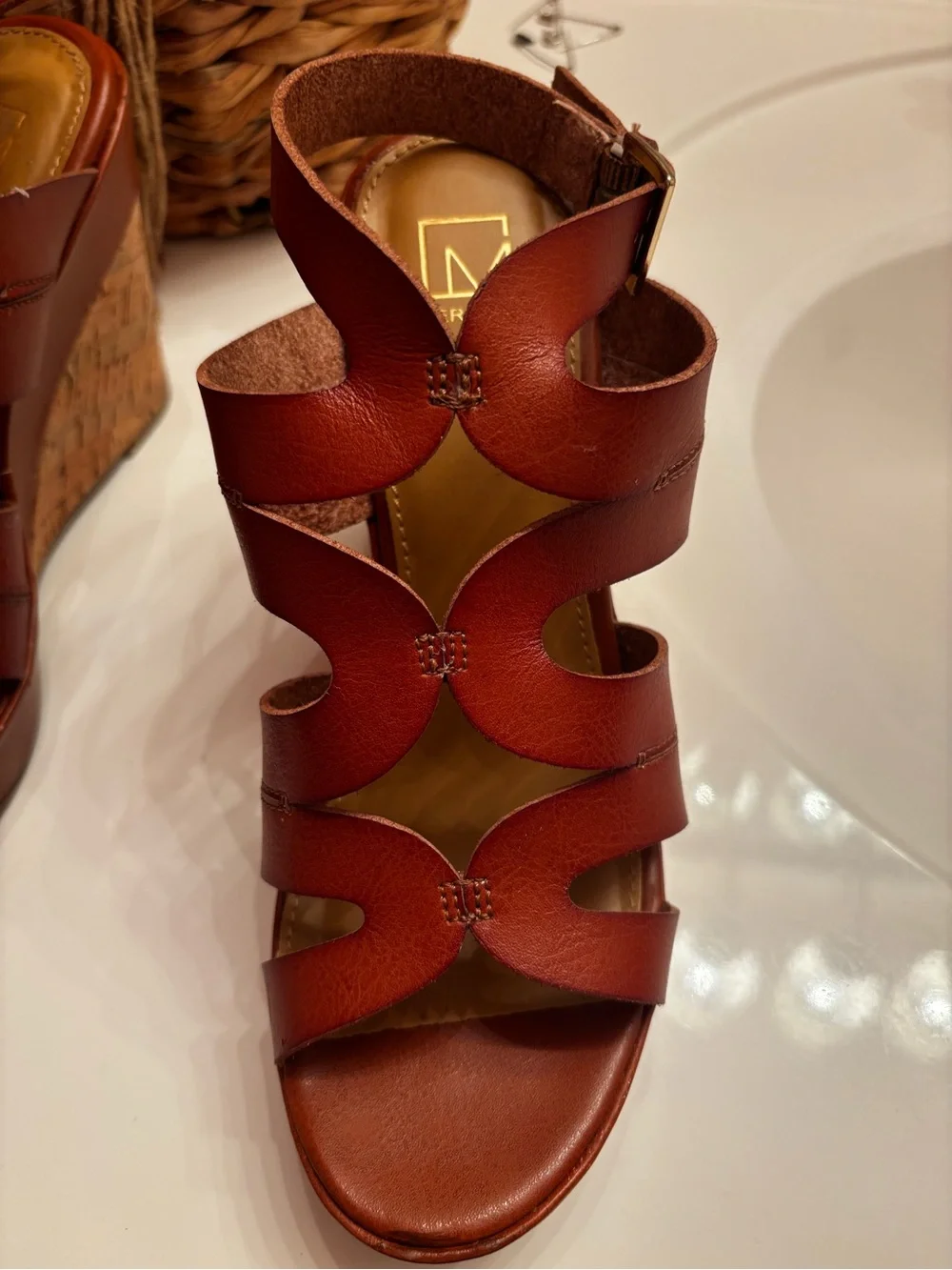 Material Girl Cognac Wedge Sandals with Cork Platform